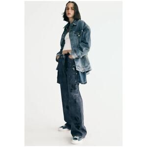 ZARA Paint Splatter Wide Leg Jeans Womens 6 Dark Blue Slouchy Relaxed Denim